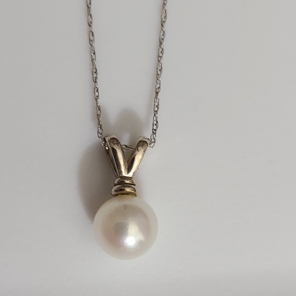 10k WHT gold 18" necklace natural pearl pendant 6.8 mm dainty chain vtg estate - Picture 6 of 7